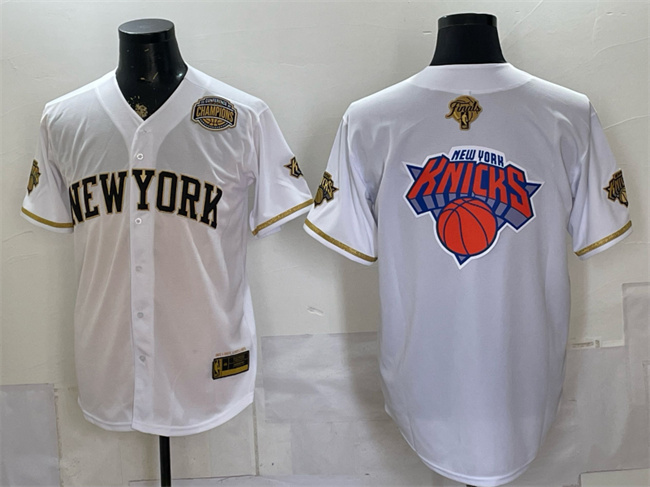 Men's New York Knicks Team Big Logo White Gold 2026 Finals & Eastern Conference Champions Patch Stitched Baseball Jersey